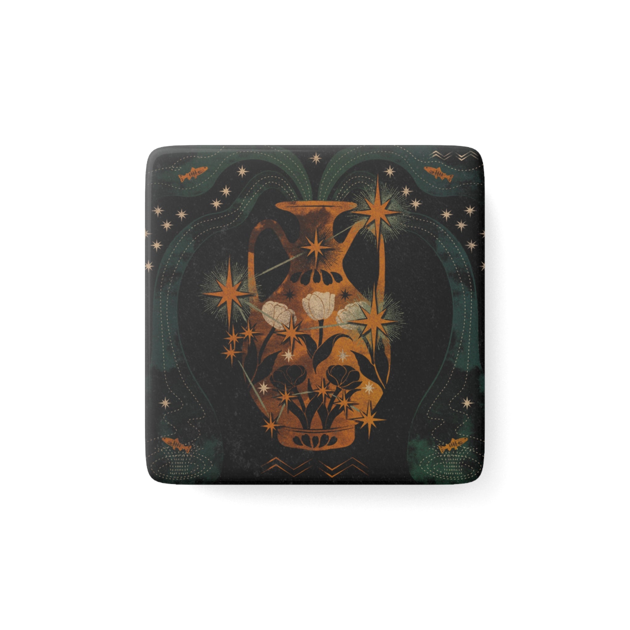 Porcelain Magnet, Aquarius Celestial Zodiac Design, Water Pitcher with White Tulips